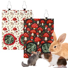 JarThenaAMCS 2Pcs Rabbit Hay Feeder Bag with 2 Holes Black Beige Mushroom Guinea Pig Hanging Hay Feeding Bag Storage Dispenser for Chinchilla Hamster Bunny Small Animal Pet