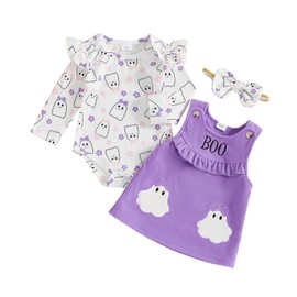 Lucikamy My First Christmas Baby Girl Outfit Long Sleeve Romper Tank Overall Dress Headband Winter 3Pcs Clothing Set (Purple Ghost-W, 0-3 Months)
