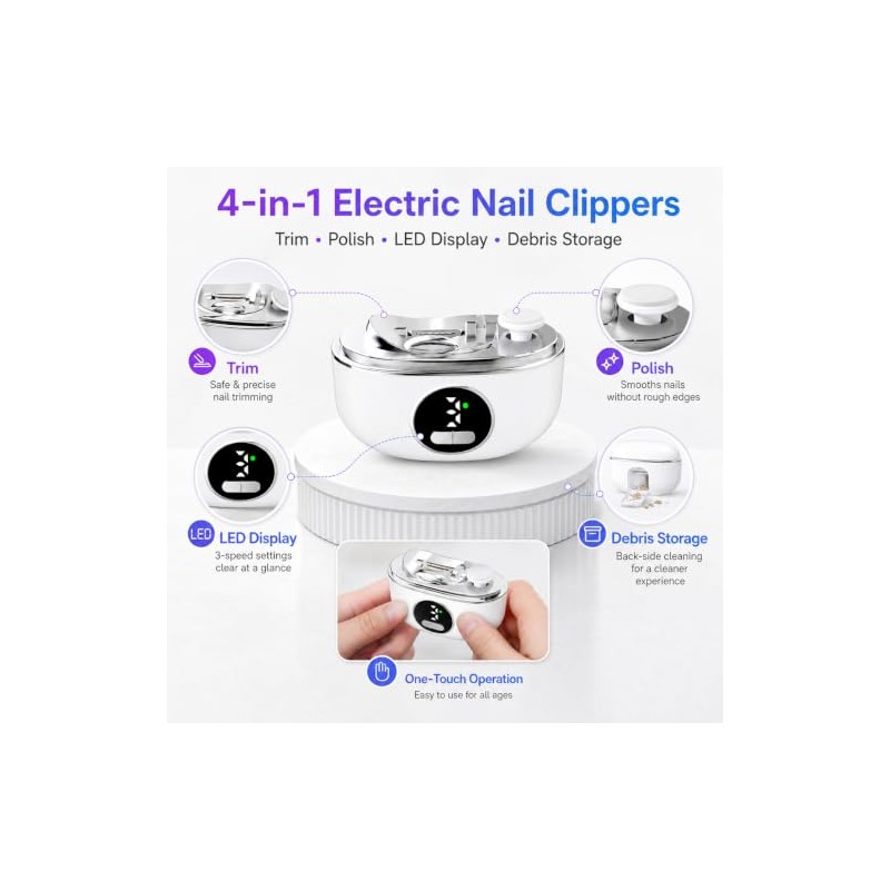 Electric Nail Clippers, 3-Speed Automatic Nail Trimmer for Fingernails and