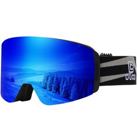 DUCO Ski Goggles with Magnetic Lens for Snowboard, Anti-Fog UV400 Protection Over Glasses OTG Snow Sports Goggles DCS002 (Black Frame Revo Blue Lens)