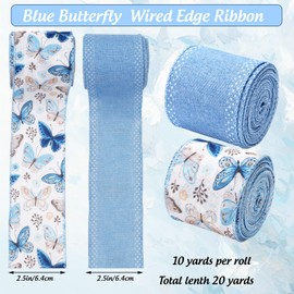 Spring Wired Edge Ribbon Butterfly Craft Ribbon Blue Fabric Ribbon for Wreath Bow Making DIY Crafts Wrapping Party Decor Supplies, 2 Rolls, 20 Yard