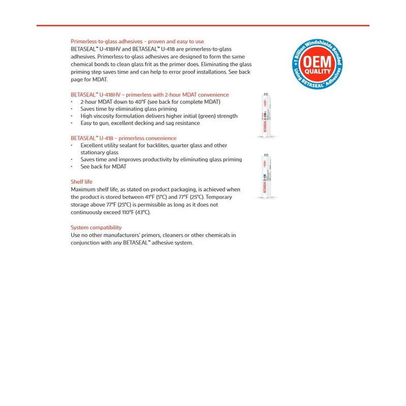 Betaseal U-418 Auto Glass Urethane Adhesive - Primerless (10 Tubes)