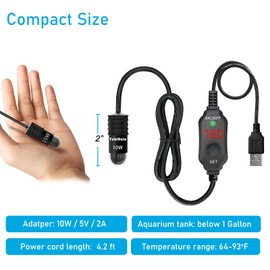 YukiHalu USB Powered Aquarium Heater, 10W Adjustable Mini Fish Tank Heater with External Temperature Controller, LED Display, Used for 0.5-1 Gallon Tank (10W USB)