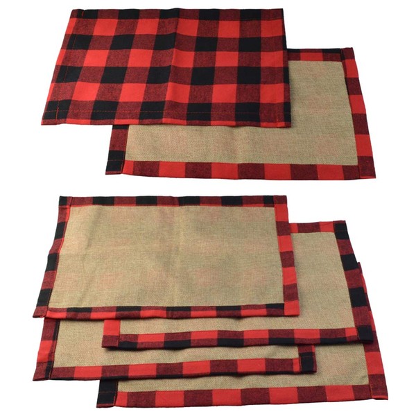 6 Pcs Red and Black Buffalo Check Placemats Plaid Placemats, Checkered Washable Place Mats, Topbuti Reversible Cotton Burlap Resistant Table Mats for Christmas Holiday Table Home Party Decoration