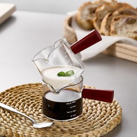 2 Pack Espresso Measuring Cups Glass, Small Measuring Double Shot Glass with Wood Handle, Clear Accessories, Coffee Measuring Cup, with V-Shaped Mouth, Milk Pitcher