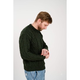 SAOL 100% Merino Wool Men's Irish Traditional Aran Crew Neck Cable Knit Sweater Pullover (US, Alpha, X-Large, Regular, Regular, Army Green)