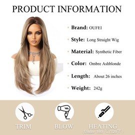 OUFEI Ombre Ash Blonde Wigs for Women Long Wig with Fringe Natural Straight Wigs Synthetic Hair Heat Resistant Wigs for Daily Party Cosplay Wear