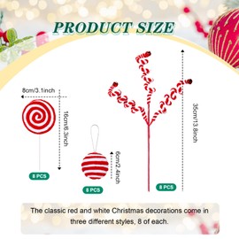Syhood 24 Pcs Red and White Christmas Ornaments, Fluff Christmas Balls Woolen Candy Cane Curly Hanging Christmas Tree Picks Branches for Xmas Hanging Decors Wreath Garland Table Vase Mantel Decor