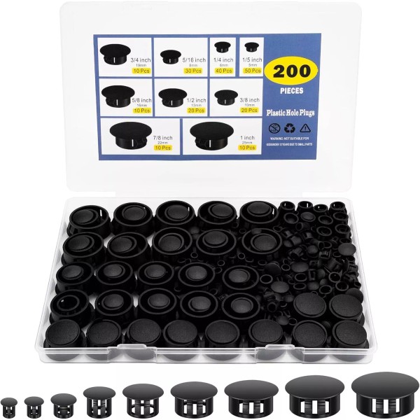 Branded 200Pcs Black Nylon Hole Plug Set (9 Sizes: 1",