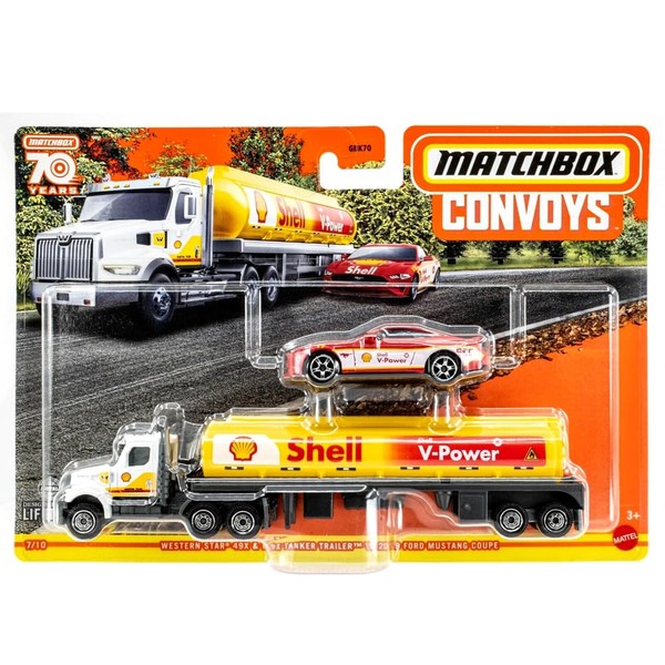 Mattel Collectible Die-Cast Matchbox Convoys Truck and Trailer Playset - Western Star 49X with MBX Tanker Trailer & 2019 Red Ford Mustang Coupe ~ Inspired by Shell