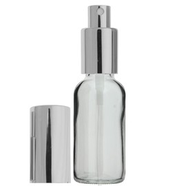 AURA VARIETY 24 Bottles 1 OZ 30 ML Boston Round Clear Empty REFILLABLE Glass Bottle with FINE Mist Silver Sprayer (Perfume Fragrance Cologne Essential Oil Atomizer)