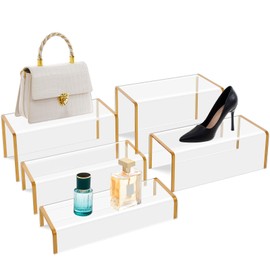 RattanView 5 Pack Clear Acrylic Purses Display Stands, 11" L 5mm Thick Luxury Purse, Handbag, Jewelry & Perfume Risers, Gold Luxury Shoe Display Riser for Closet, Boutique, Vendor Events (5 Tier)