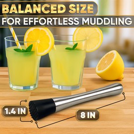 8 Inches Drink Muddler for Cocktails – Stainless Steel Muddler Tool with Textured Head, Lightweight Build – Fruit Smasher for Drinks, Mojitos, Avocado, Herbs, Spices & Ice Crushing Bar Tool for Mixing