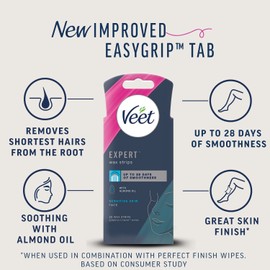 Veet Veet Expert Waxing Strips For Sensitive Skin - 20 Cold Wax Strips & 4 Finish Wipes For Eyebrow, Facial Hair Removal - Hydrating, Exfoliating, Ideal For Face