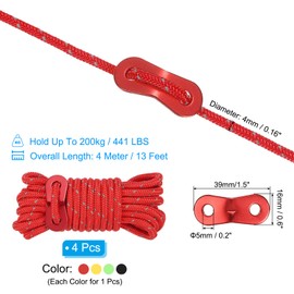 PATIKIL 5mm Tent Rope, 4 Pack 13ft Reflective Guyline Cord Tied Downs Rope Paracord Cord Camping Ropes with Red Aluminum Cord Adjusters for Camping Hiking Tent, Black Green Yellow Red