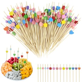 SJUNJIE Pack of 300 Cocktail Skewers 12 cm Wooden Coloured Skewers Finger Food with Cute Decoration Heart Flowers and Balls Toothpick Wood for Birthday Fancy Dress Party Cocktail Decoration