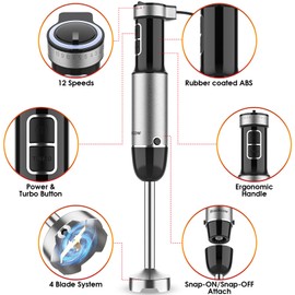 Immersion Blender Set for Kitchen,500W Extra Quiet Emulsion Blender Handheld,12 Speed Electric Hand Mixer with BPA Free Attachments:Chopper Bowl,Whisk,Milk Frother,Measuring Cup
