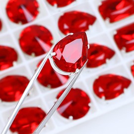 DONGZHOU Fancy Stone with Setting red sew on Rhinestones 82 pcs Mixed Shapes Light siam Sewing Crystal Stone with 4 Hole Silver Setting for Jewelry Making Crafts Clothes Wedding Dress Handbags