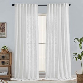 OWENIE White Linen Curtains for Bedroom Living Room 96 Inches Long 2 Panels Set, Light Filtering Thick Faux Linen Textured Boho Farmhouse Curtains Drapes, Modern Back Tab Top, White, Each 52"W x 96" L
