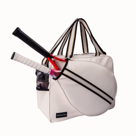 White PU Leather Women Large Sports Handbag Tennis Racket Shoulder Bag Tennis Tote Bag for 2 Rackets, with Water Bottle Holder