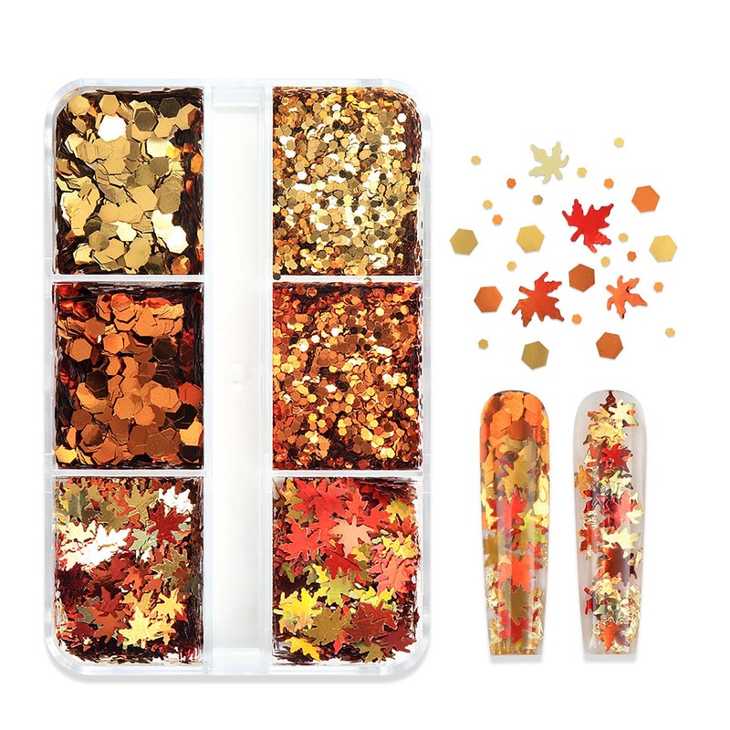 6 Grid Fall Maple Leaf Glitter Sequins Nail Accessories Thanksgiving