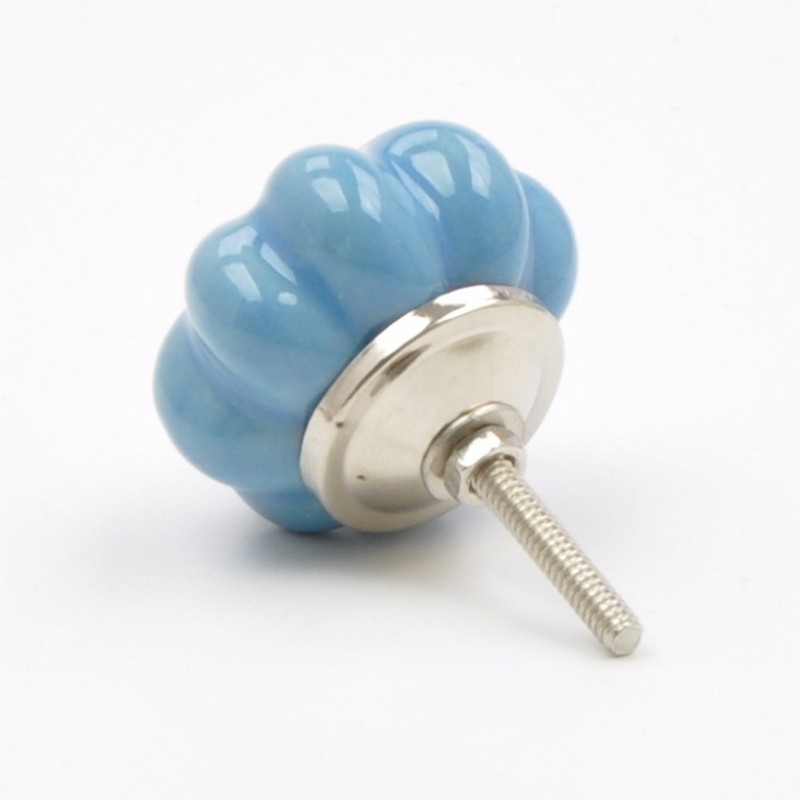 Chunky Painted Blue Ceramic Melon Knob, Pull, Handle, for Cupboards,