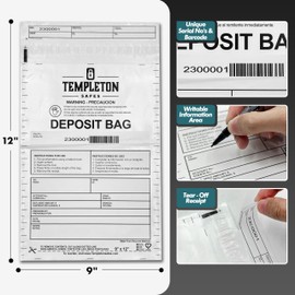 Templeton Safes Sequentially Numbered Cash Deposit Bags, 9" x 12", Pack of 100