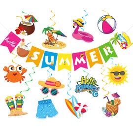 21pcs Hello Summer Banner Garland, Summer Party Decorations, Beach Pool Party Decorations,Topical Pineapple Flamingos Aloha Banner with Hanging Swirls,Hawaiian Luau Birthday Party Decorations Supplies