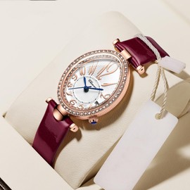 Women's Vintage Oval Watches Classic Ladies Watches Ultra-Thin Luxury Diamond Watch Ladies Bangle Bracelet Wrist Watch Female Dress Watch with Leather Strap (Wine red)