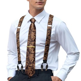 Hi-Tie Men's Brown and Gold Suspenders and Tie Set Adjustable Elastic Y Braces with Strong 6 Clips Pocket Square Set