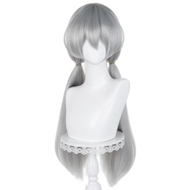 Long Gray Ponytail Wig for Women Silver Grey Cosplay Wig with Two Ponytail Wig for Halloween Costume Party