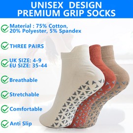 Yoga Socks for Women & Men, 3 Pairs Non Slip Pilates Socks Grip Socks, Slipper Socks for Barre, Fitness, Dance, Ballet, Hospital, Home, Size 4-9 (Orange/Khaki/Beige)