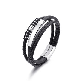 QUKE Mens Leather Bracelet Black Multi-Layer Bracelet for Men Stainless Steeel Clasp Gift for Him (Fits wrist size 18-20 cm)