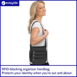Easylife RFID-Blocking Travel Pouch Handbag (Black). Travel Wallet Organiser with 3 Pockets. Travel Document Pouch (H25 x W23 x D9cm). RFID Travel Document Wallet Organiser - Fully Guaranteed | Black