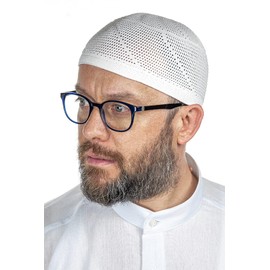 ihvan online Turkish Muslim Lux Knitting Kufi Hats for Men, Taqiya, Takke, Peci, Islamic Caps, Islamic Gifts, Standart Size, White, One Size