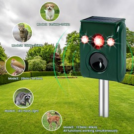 Solar Animal Repeller. Ultrasonic Animal Repellent. with Flashing LED Light and Alarm to expel Cats, Dogs, Squirrels, Deer, Raccoons, Skunks, Rabbits, Foxes, etc