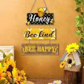TOARTi Bee Kind Signs Wood Animal Wall Decor Wooden Rectangle Inspirational Bees Positive Happy Hanging Sign with Jute Twine for Home Living Room Classroom Bathroom Farmhouse