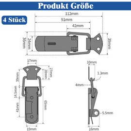 Tension Lock with Locking Hole, 4 Pieces 91 mm Lockable Tension Lock Stainless Steel Box Lock with Screws 16 Pieces, Snap Lock Suitable for Toolbox Drawer Chest Box
