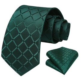HISDERN Ties for Men Green Plaid Tie Handkerchief Classic Men's Necktie & Pocket Square Set Formal Mens Ties Emerald Hunter Forest Green for Wedding