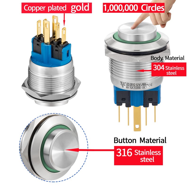 UL Listed 22mm Push Button Switch Momentary Latching High Round