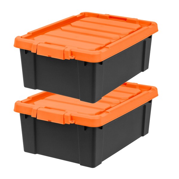 IRIS USA 11 Gallon Heavy-Duty Plastic Storage Bins, 2 Pack, Store-It-All Container Totes with Durable Lid and Secure Latching Buckles, Garage and Metal Rack Organizing, Black/Orange