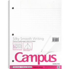 Kokuyo Campus Loose Leaf Paper for 3 Ring Binders, 8-1/4"x11”, Wide Ruled Notebook Paper, 100 Sheets, Japanese Smooth Paper Prevents Ink Bleeding, School Suppliers, Made in Japan (WSG-NO-887G3)