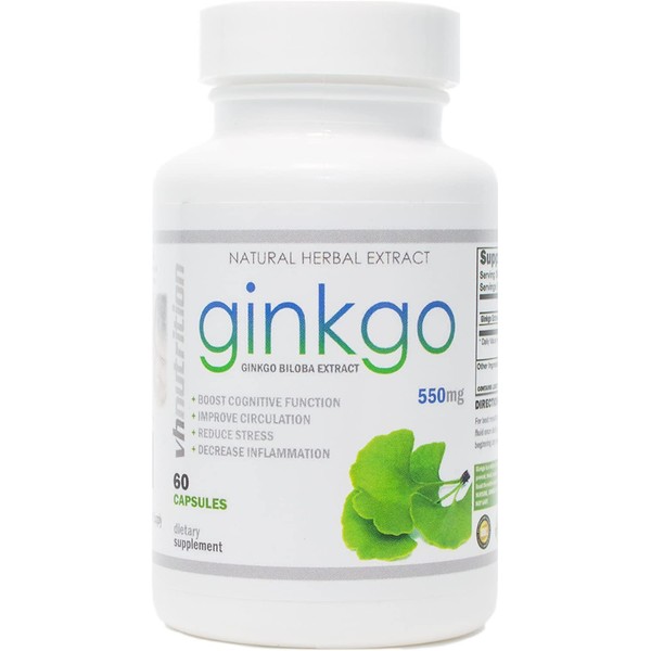 Ginkgo Biloba | 550 mg Extract Capsules | Supports Brain Health, Mental Alertness, Concentration and Focus | Natural Energy Booster | 30 Day Supply | VH Nutrition