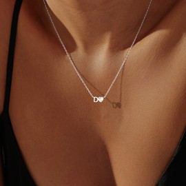 BERISO Silver Heart Initial Necklace for Women,Silver Plated CZ Heart Letter Pendant Necklace