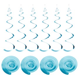 MECCANIXITY 30 Pcs Light Blue Party Hanging Swirls Single Strip Hanging Decorations 27.6 inch Foil Swirling Hanging Plastic Ceiling Streamers for Birthday Party with Hang Tag String,Hook