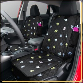 Datanly 2pcs Dog Car Seat Cover for Front Durable Colored Paw Prints Waterproof Protector Against Dirt Scratch Proof Non Slip Padded Quilted Front Seat Covers for Dog for Cars, Trucks and SUV, Black