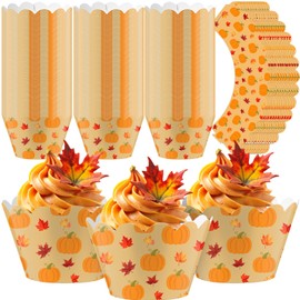 Domensi 100 Pcs Fall Pumpkin Maple Leaf Cupcake Wrappers Rustic Cupcake Liners Thanksgiving Baking Cups Baking Liners for Autumn Wedding Bridal Baby Shower Birthday Party Supplies Dessert Decoration
