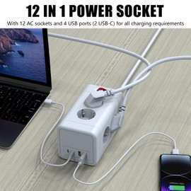 8-Way Socket Tower Distribution Socket, Power Strip with 2USB A & 2USB C, Multiple Socket Power Strip with 2 m Extension Cord, for Office, Home, White