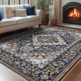 Lessymo Area Rugs 5x7, Machine Washable Area Rug, Super Soft Faux-Wool Area Rugs for Living Room Bedroom Kitchen, Boho Vintage Floral, Non-Slip Low Pile, Kid & Pet Friendly, Black Brown