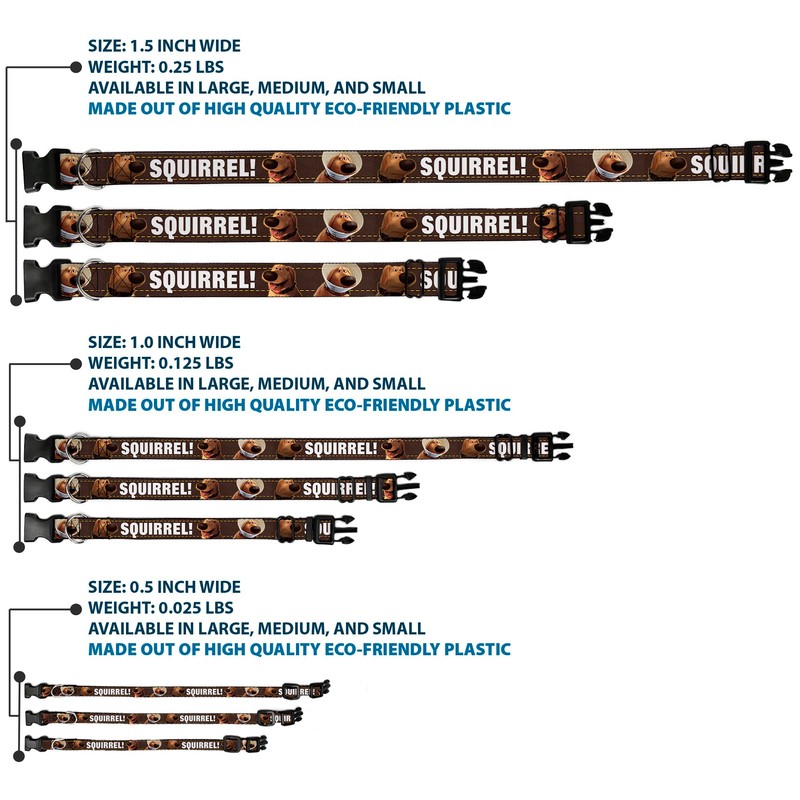 Buckle-Down Plastic Clip Collar - Dug 3-Poses/SQUIRREL! Brown/Yellow/White - 1"